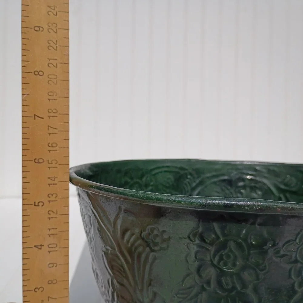 Vintage Floral Embossed Green Metal Oval Planter Cast Brass Pedestal Bowl MCM